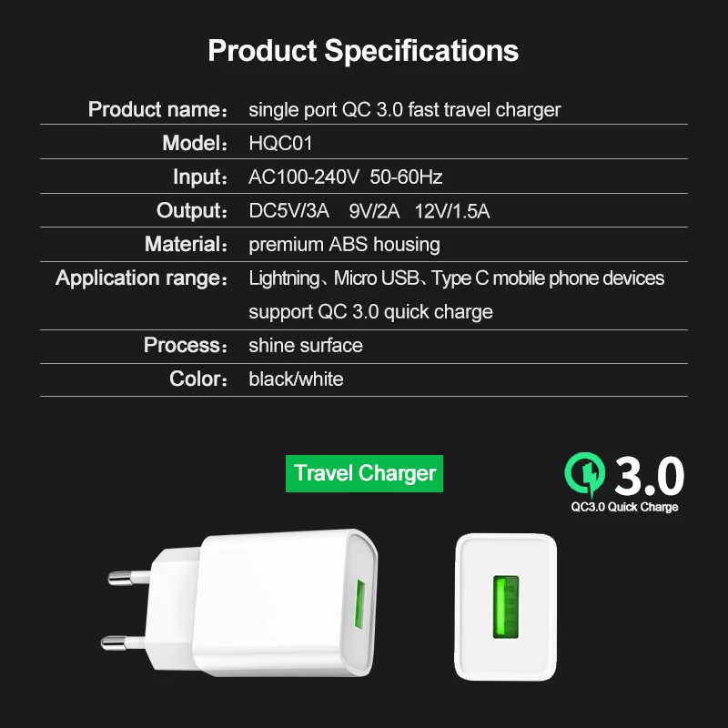 VOXLINK USB Charger 3.0 18 W Fast phone Charger for iPhone X xs 8 7 iPad Samsung Galaxy s8 s9 s10 Galaxy HTC Xiaomi Huawei Nexus