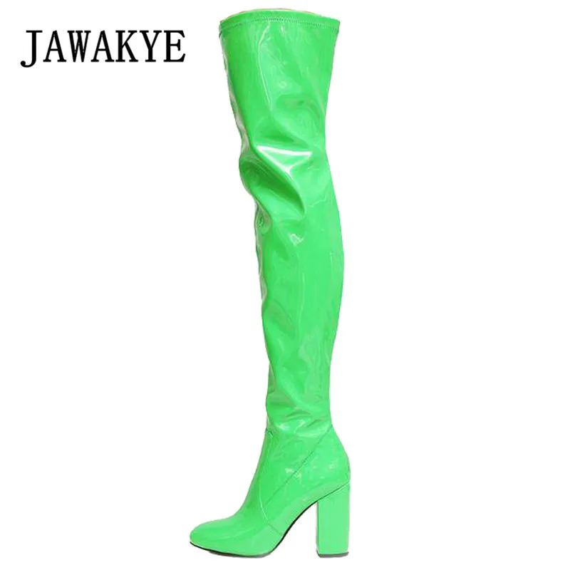 

JAWAKYE Mirror shiny Candy color Thigh High Boots Women red green Chunky High heels Shoes Runway Sexy Party Long boots plus size