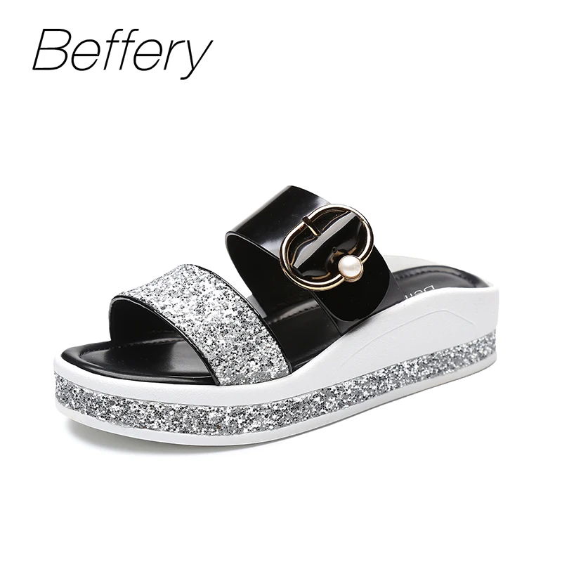 

Beffery 2018 Summer Style Slippers Women Fashion Sequins Thick bottom Casual Sandals Women Shoes