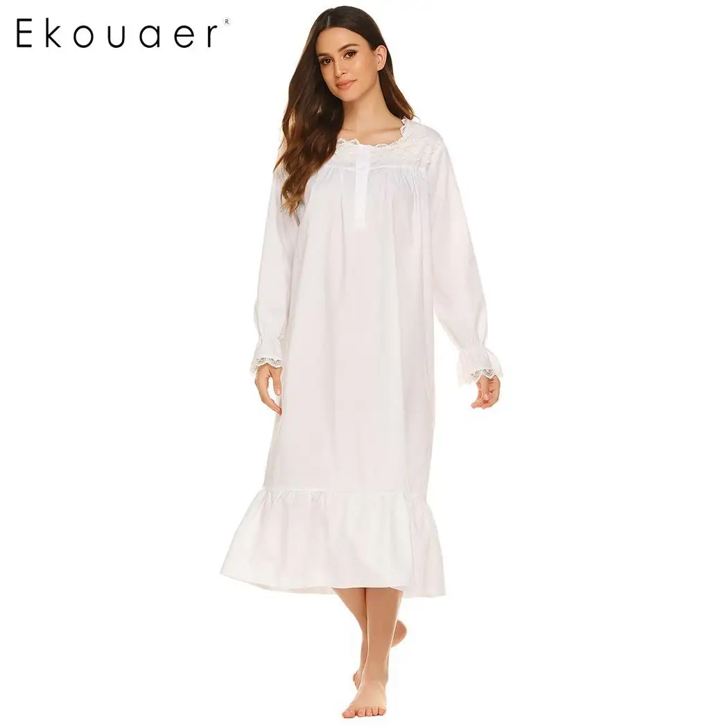 Ekouaer Womens Victorian Vintage Long Nightgown Ruffle Neck Sleep Dress
