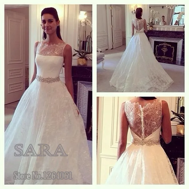 

2016 A-Line Wedding Dresses High Neck Lace Bridal Gown Beaded line zipper back vestidos de casamento
