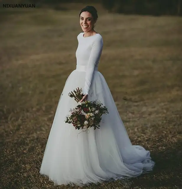 Simple Country Wedding Dresses Long Sleeve Cheap Soft Tulle A Line