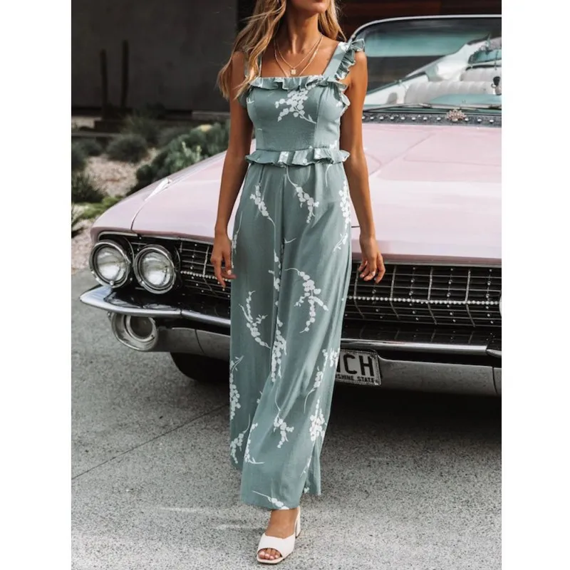 

Straps Ruffled Floral Print Jumpsuit 2019 Women Spring Summer Casual Sling Romper Super Comfy Trend Backless Loose Jumpsuits