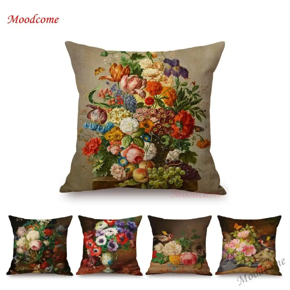Vintage Floral Print Pillow Cover for Sofa Car Oil Painting Flowers  Pillowcases 