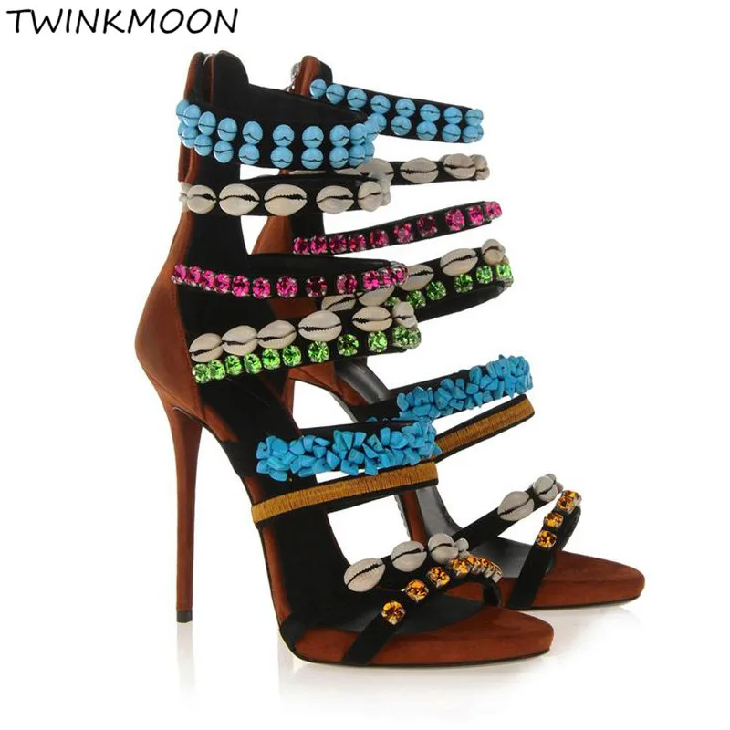 

Shell Rhinestone Sandals Women Gladiator High Heels Shoes Fashion Zip Suede Runway Celebrity Summer Shoes buty damskie