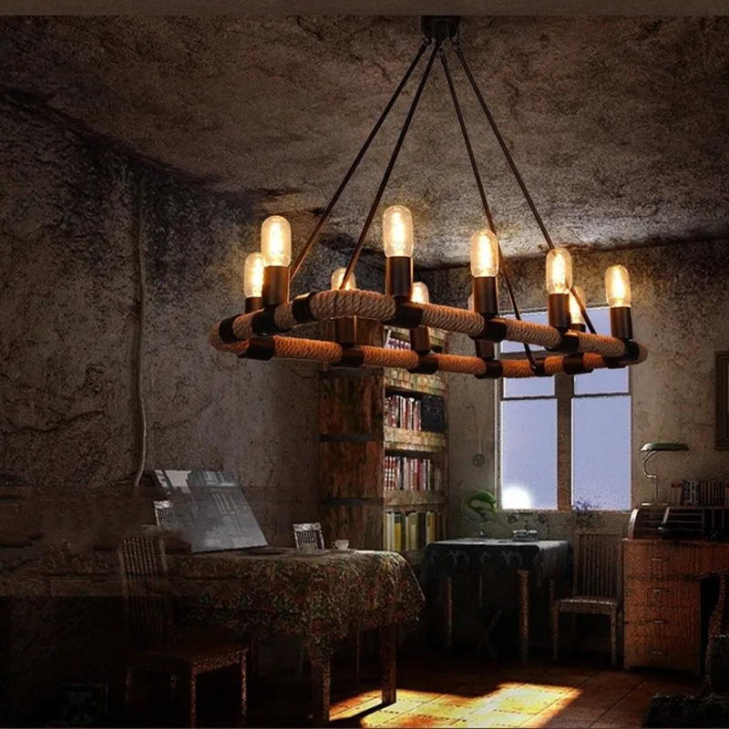

Retro Loft Rectangle Hemp Rope Pendant Lamp Creative Vintage Bar Clubhouse Restaurant Coffee Shop DecorationLight Fixtures