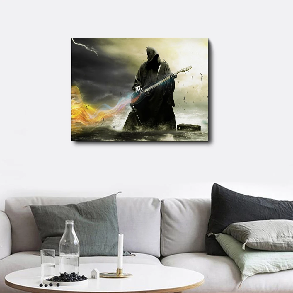 

Laeacco Canvas Calligraphy Painting Rock Ghost Poster and Print Guitar Horror Theme Art Pictures For Living Room Home Decoration