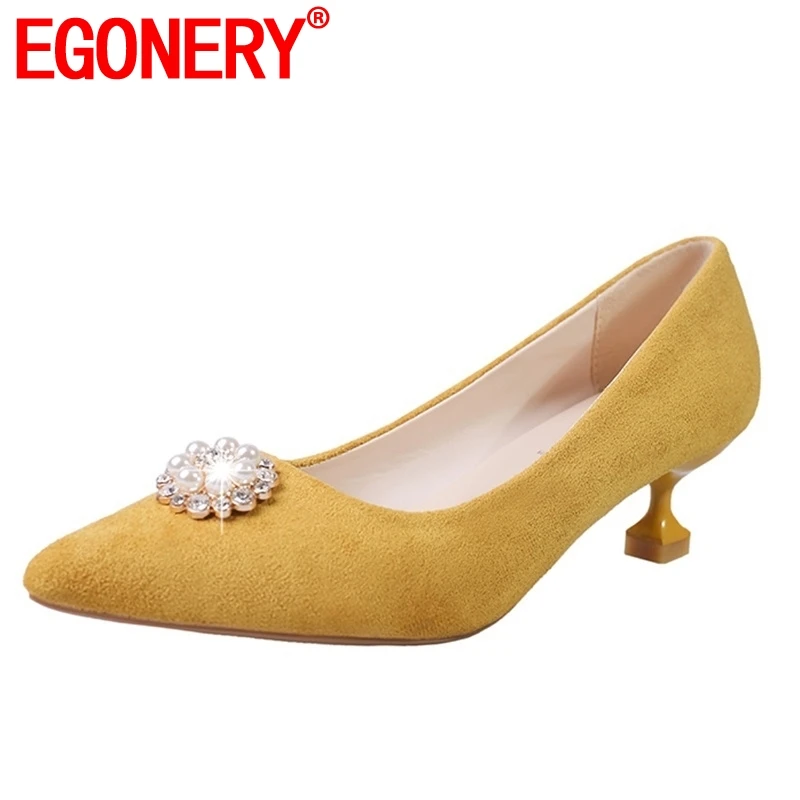 

EGONERY shoes woman spring newest fashion sexy pointed toe shallow flock woman pumps outside med thin heels pearl ladies shoes