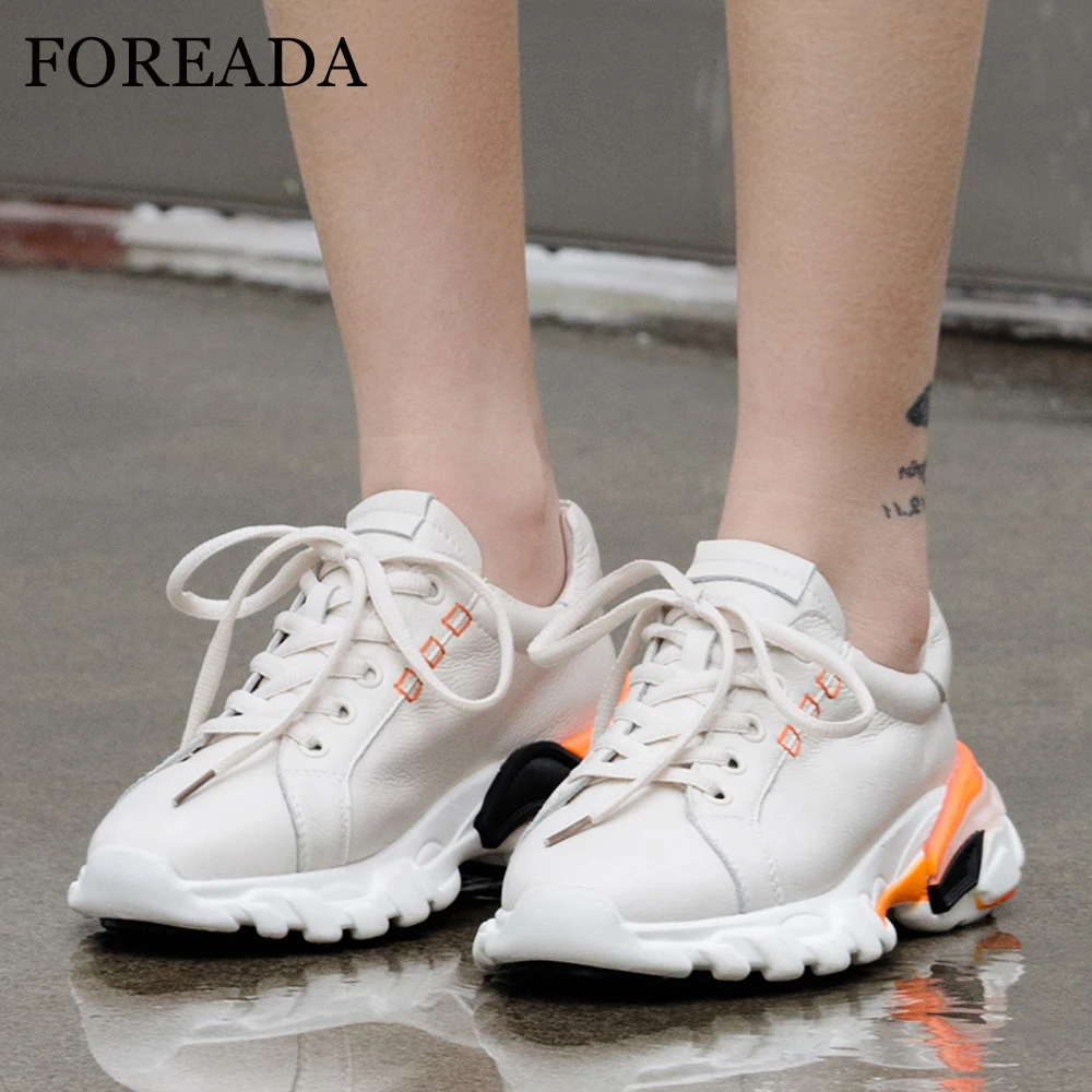 

FOREADA Women Shoes Spring Flats Sneakers Natural Genuine Leather Flat Platform Shoes Cow Leather Round Toe Shoes Female Size 41