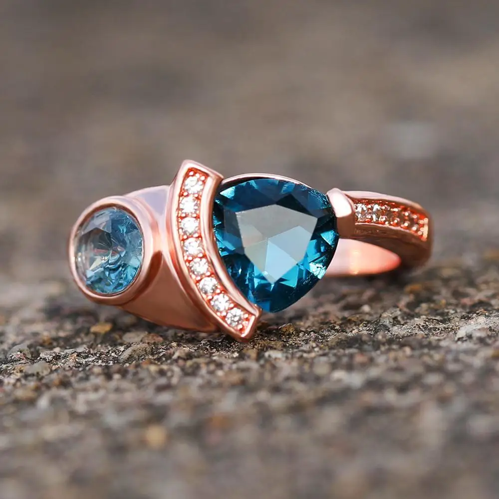 Роскошное кольцо с синим кристаллом и цирконием, женское ювелирное обручальное кольцо с розовым золотом, обещание на помолвку, кольца для мужчин и женщин