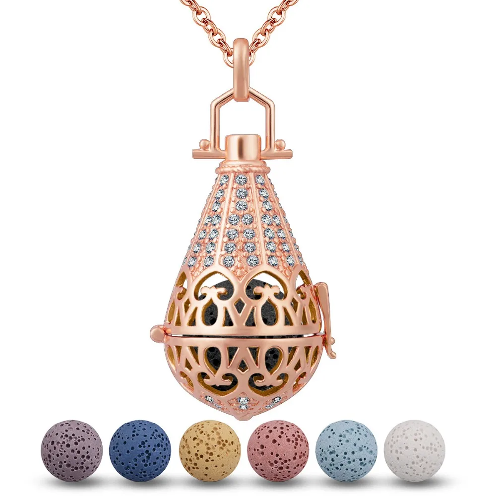 Юдора розовое золото из меди капли воды кулон Цепочки и ожерелья fit 20 мм из вулканической лавы каменный шар Для женщин Кристальный медальон Подвески-клетки K113R20