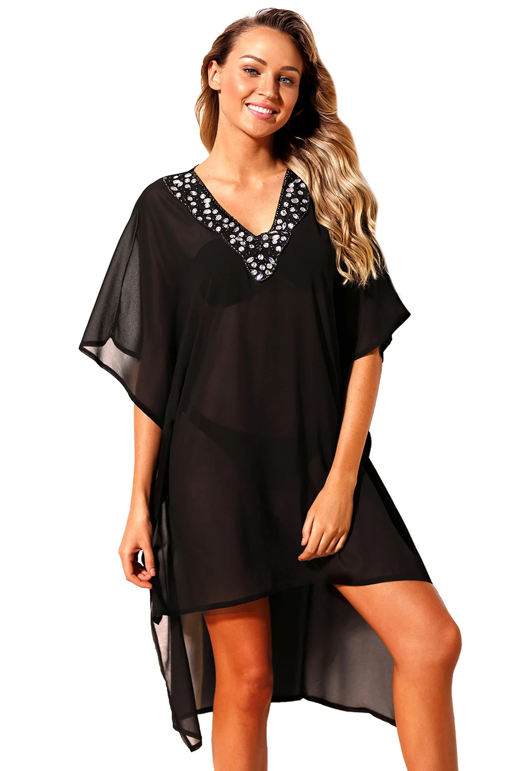 Rhinestone-V-Neck-Black-Sheer-Kimono-Beach-Cover-Up-Dress-LC42236-2-1
