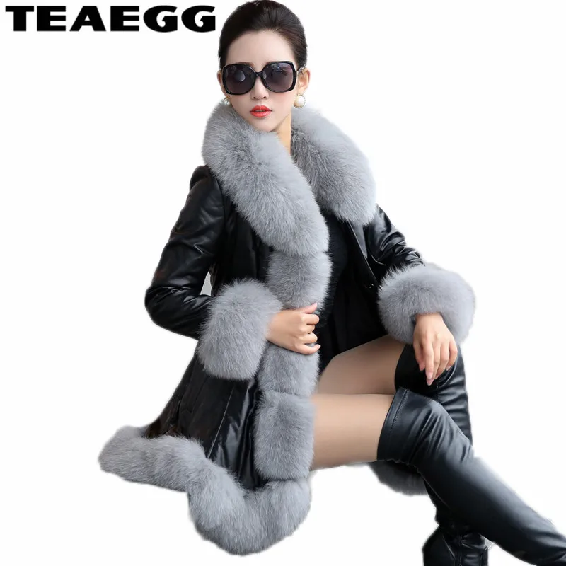 TEAEGG плотное зимнее пальто женская кожаная куртка Jaqueta De Couro Feminina воротник из