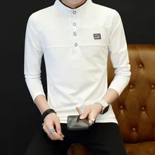 Fashion Autumn Dress Chinese Style Pure Color Sport Solid Cotton T-shirt Long Sleeves Men Casual Full Stand Solid Worsted Tops active style slimming long sleeves round neck quick dry close fitting logo print solid color cotton blend t shirt for men