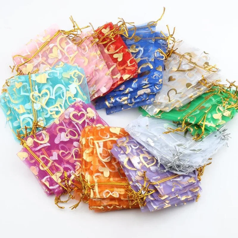 

100Pcs Mixed 9x12cm Organza Bags Jewelry Wedding Party Decoration Drawable Packaging Bag Display & Gift Candy Pouches Bags