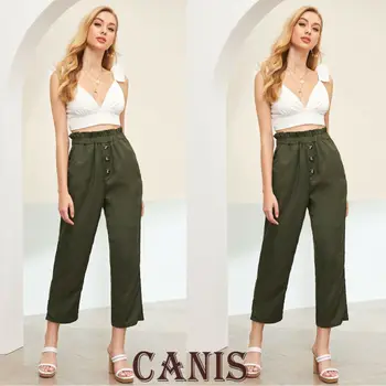 

Fashion Women High Waist Elastic Trousers Ladies Casual Frill Waist Button Front Crop Trousers Straight Trousers UK