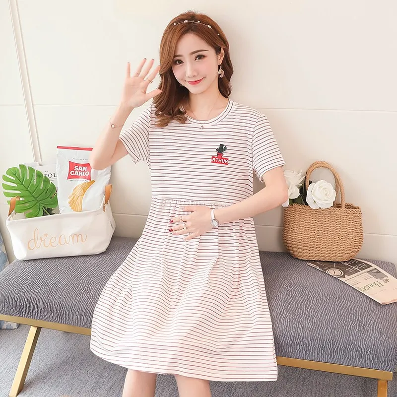 

Maternity dress summer pregnant women woven striped round neck fashion tide mom skirt sweet loose fashion pregnancy