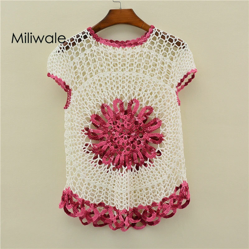 PROD 33006158474 Women Top Tees Hollow Out Short Sleeve Pullover
Handmade Crocheted Red Flower Women Top Shirt