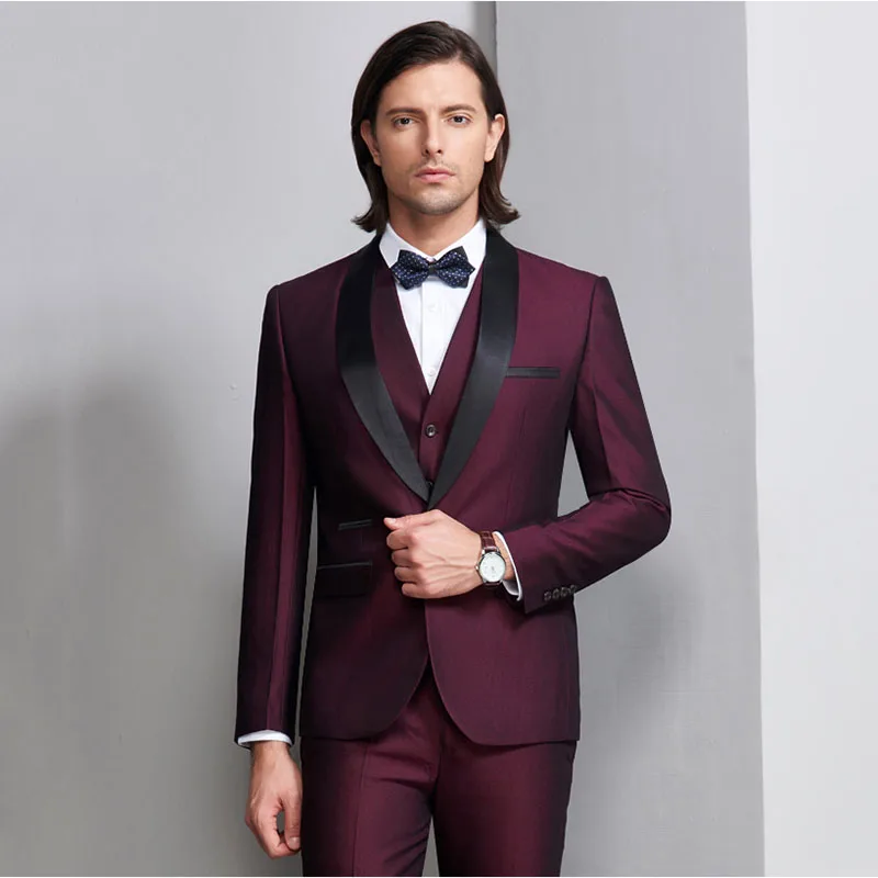 Бордовые мужские классический деловой костюм комплект из 3 предметов Slim Fit Мужские свадебные смокинг Свадебный костюм мужской костюмы