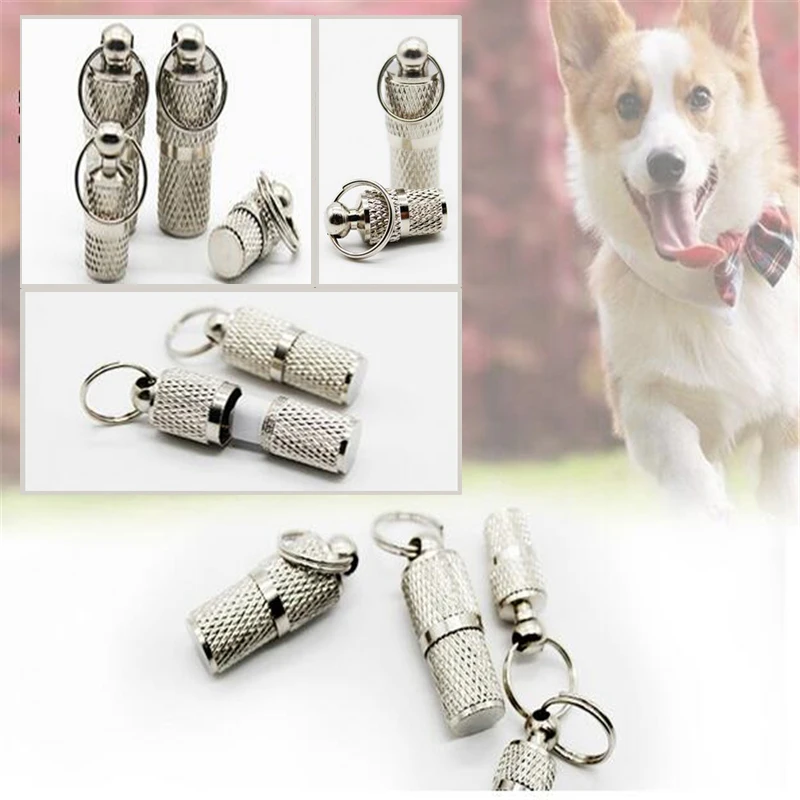 

Silver Pet Identification Card Pet Pendant Silver Color Pet Dog Cat Address Label Barrel Storage TubePet Identity Hanging Tube