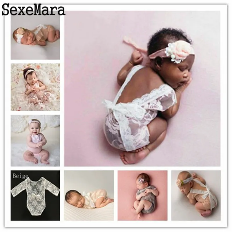 Newborn Photography Props Baby Girl Lace Romper Infant Photo Shoot Clothes White Black V Cut Open Back Romper