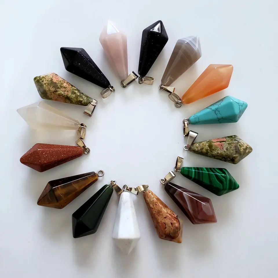 

2018 Fahsion Hot Sale Good Quality Mixed Natural Stone pendulum Hexagonal pyramid Charms pendants 12Pcs Wholesale Free shipping