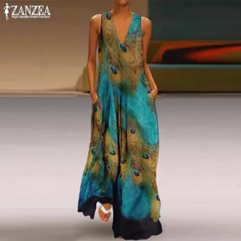 

Bohemian Print Maxi Dress Women's Summer Sundress ZANZEA 2020 Vintage Sleeveless Sarafans Vestidos Female V Neck Party Robe 5XL