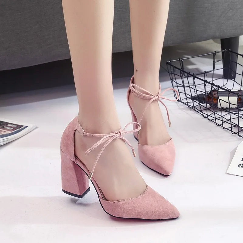 

Women Pumps 2017 summer cross strap high heels thick with pointed hollow sandals suede gray women's shoes