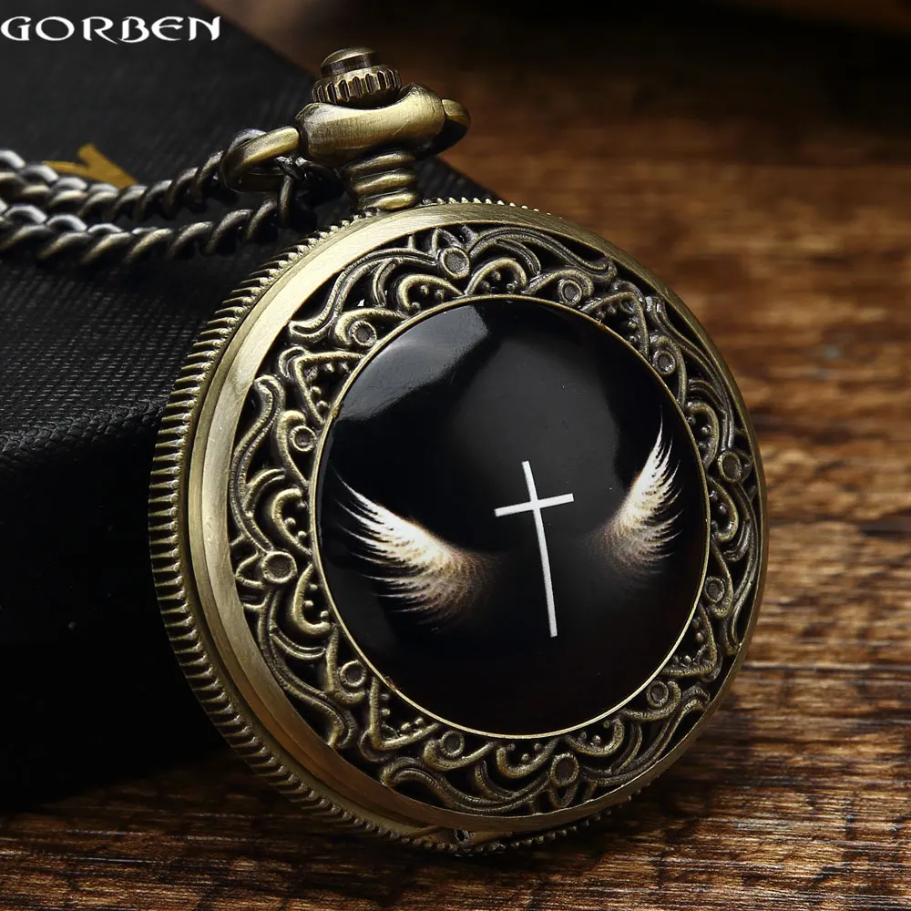 

Fashion GORBEN God's angels Cross with Wings Design Carving Pocket Watch Mens Waist Chain Vintage Angel Wings Quartz Watch Women