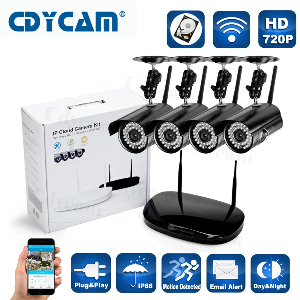 Wifi ip camera kit cctv camera Kit ONVIF HD 720P 1.0mp Hi3518E wsupports Plug and Play P2P Android and iphone Wireless NVR Kit