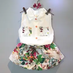 Льняной костюм для девочек летняя рубашка без рукавов с цветочным Шорты комплект детской одежды От 2 до 8 лет 2 шт. комплект одежды для малыша