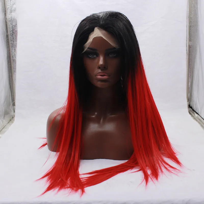 Natural Straight Synthetic Long Ombre Bright Red Lace Front Wigs