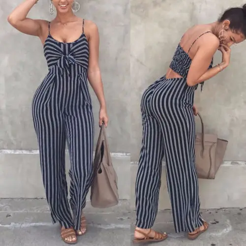 

Hirgin Ladies Women Striped Bow Clubwear Playsuit Bodysuit Party Overall Jumpsuit Strappy Romper Sleeveless Long Trousers Newest