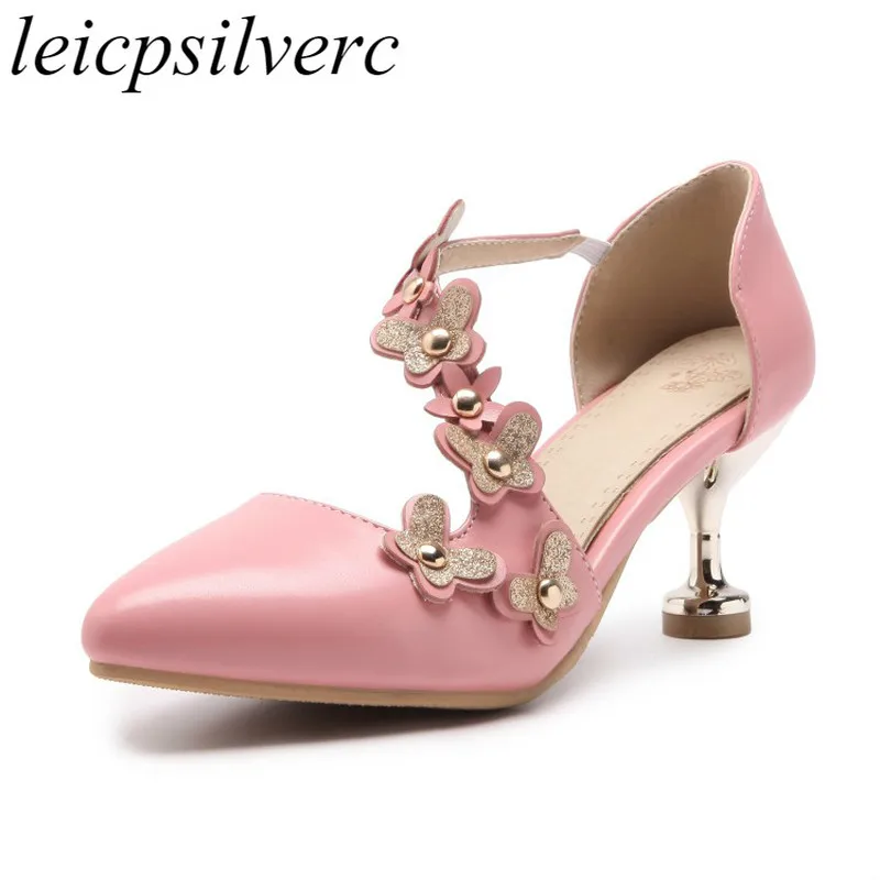 

Women's Sandals Summer Spring Med Heels Shoes Pointed Toe Bling Flower 2019 Fashion New Sexy Pu White Pink Beige Big Size 34-45