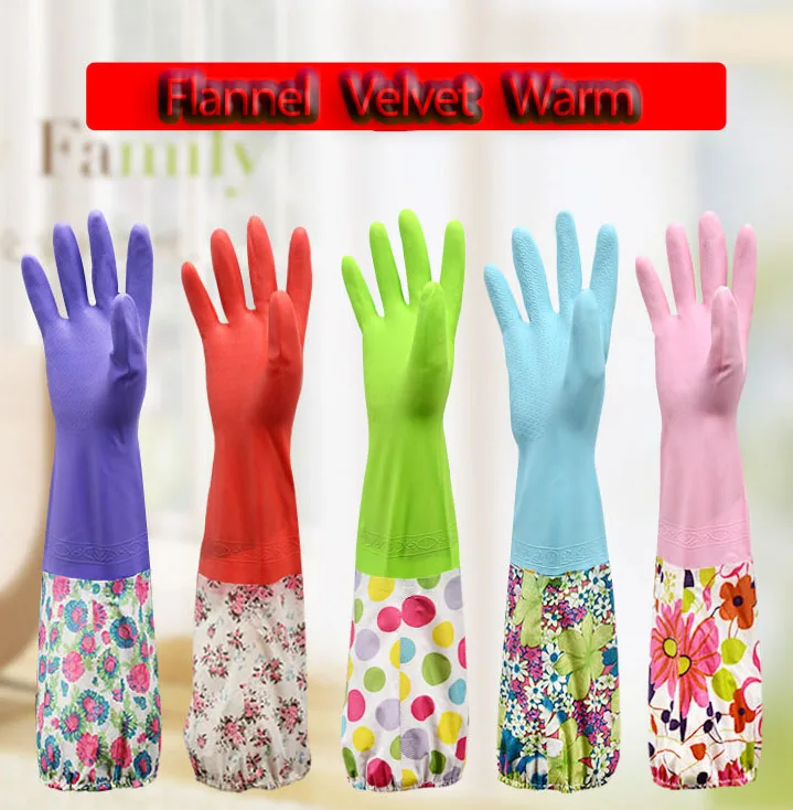 Velvet Lining Latex Winter Warm Long Sleeve latex Kitchen Wash Dishes Dish washing font b Gloves