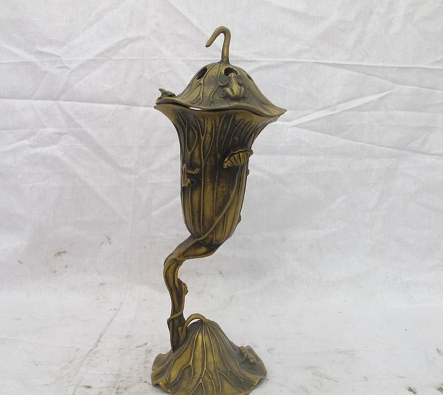 

13 China Bronze carved lotus flower frog toad Buddhism incense burner Censer a 0518
