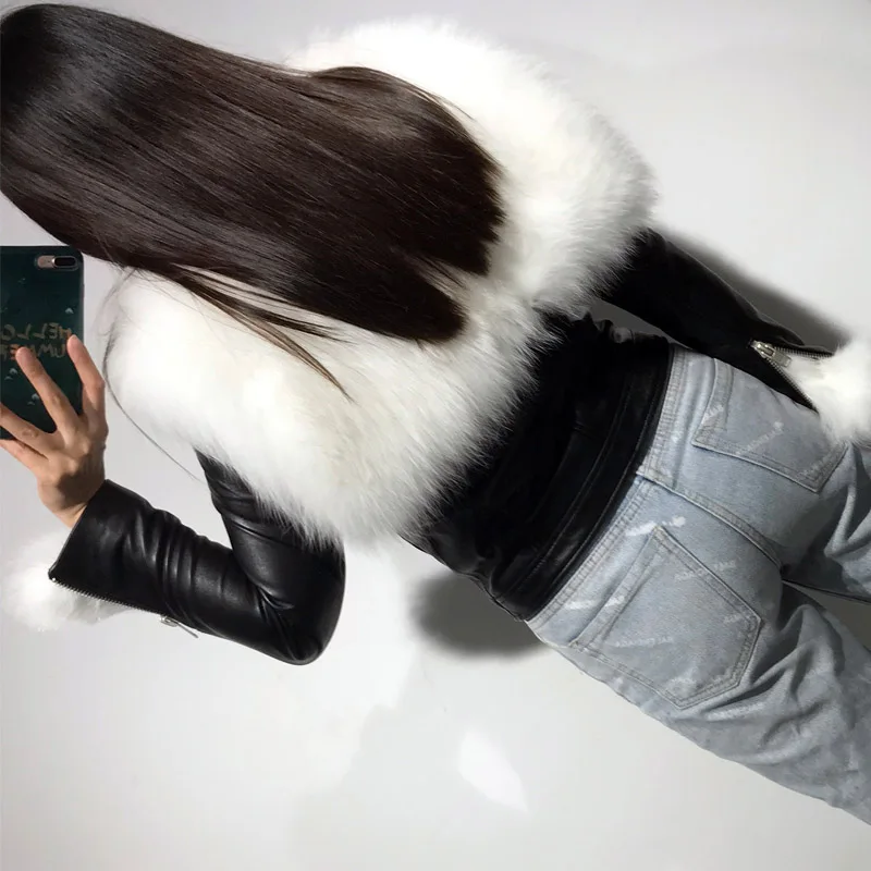 Col Cuir Fourrure Dames Réel Femmes Veste En Noir Véritable De Y6FqH6