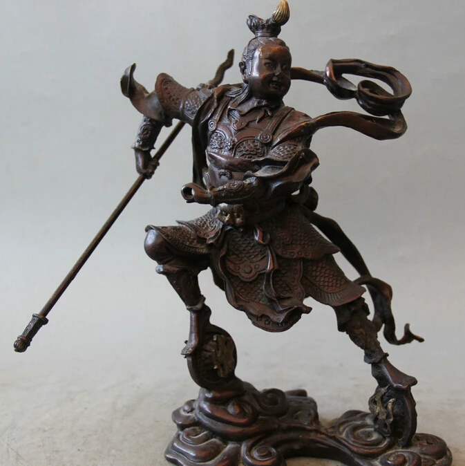 

10" Chinese Myth Bronze Ne Zha Warrior Knight God immortal Statue Sculpture S0706