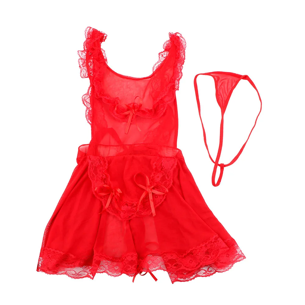 IKOKY прозрачная Пижама, платье, эротическое сексуальное Фетиш белье, Униформа горничной, сексуальное нижнее белье, сексуальная ночная рубашка, Женский Кружевной Костюм - Цвет: Красный