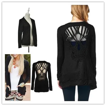 

Women Blouse Sexy Backless Crochet Lace Long Cardigans Jacket Spring Long Sleeve Hollow Oversized Skull Pattern Cardigan