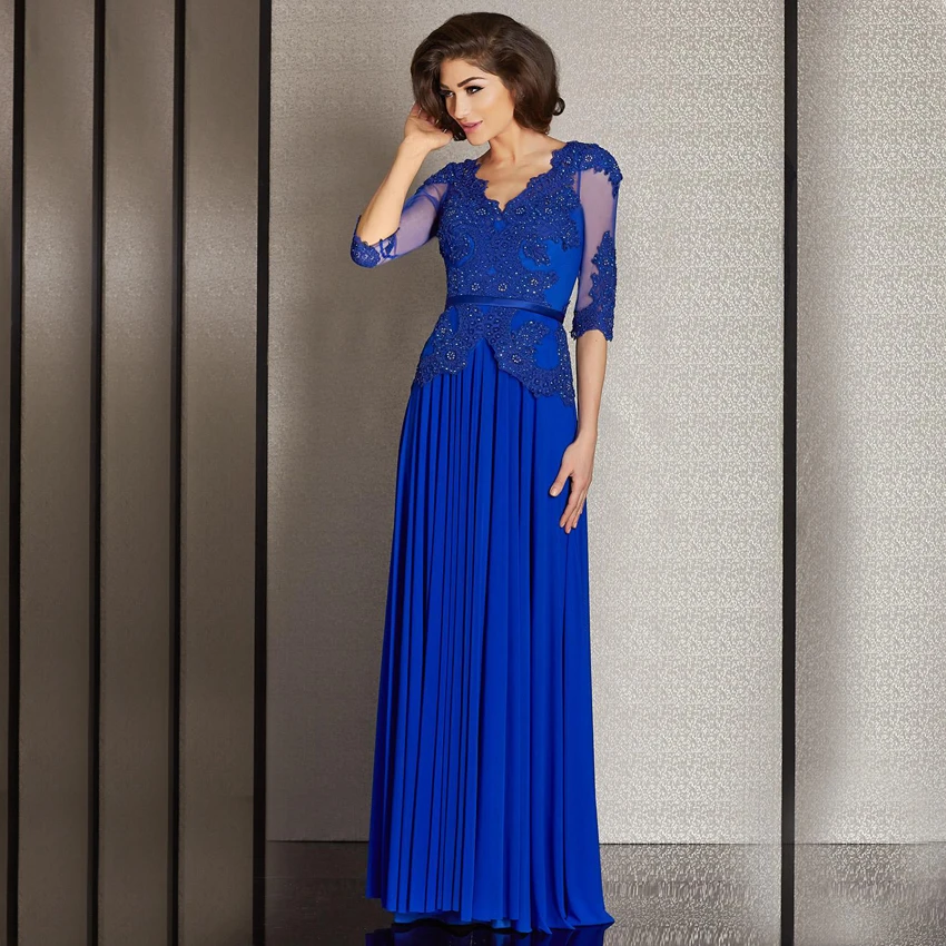 V neck Half Sleeve Appliqued Long Mother of the Bride Dresses Royal