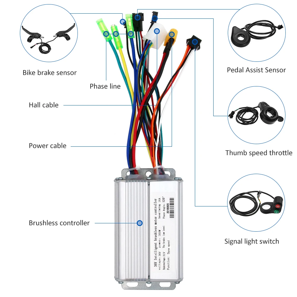 Электрический велосипед 36V 250 W/350 W бесколлекторный мотор контроллер зал Сенсор контроллер п, фара для электровелосипеда в скутер Запчасти аксессуар