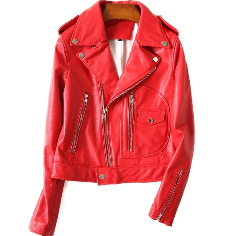 Красная Байкерская мотоциклетная куртка из натуральной кожи, женские пальто из овчины, зимняя модная облегающая верхняя одежда, Короткие Куртки из натуральной кожи