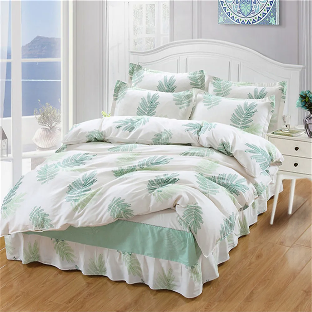

Princess Style 100%Cotton Bedding Set Lace Decorative Solid Colored Leaf Bedding 4pcs Quilt Cover Bed Skirt Pillowcase full size