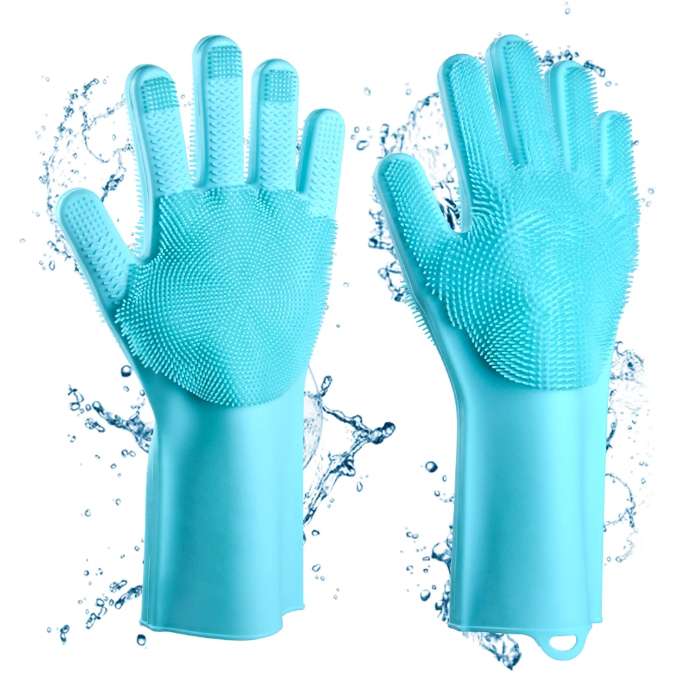 

FUNBAKY New Double-sided brush Silicone Dishwashing Washing Cleaning Gloves Kitchen Gloves Dish Washing Up For Cookware Dishes