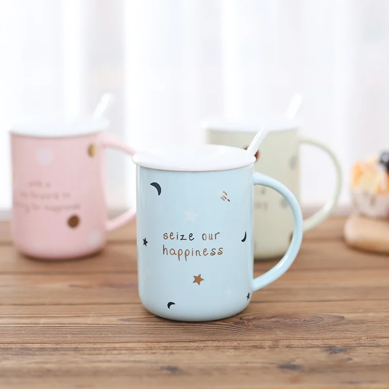 Seize Our Happniess Letter Coffee Mug With Spoon And Lid Drinking Cup