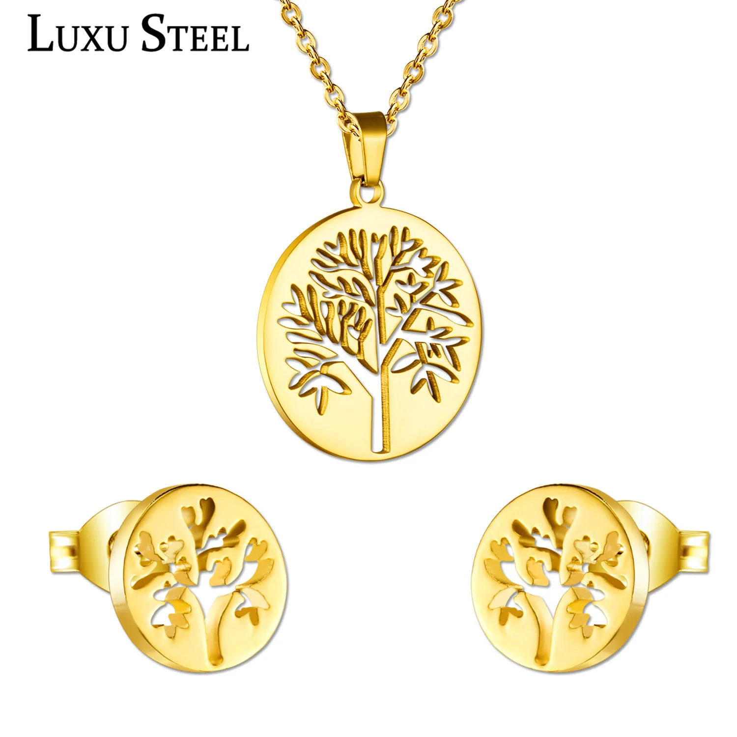 

LUXUSTEEL Ladies Jewellery Sets Stainless Steel Gold/Silver Color Tree Pendant Necklace Earring Fashion Chain Jewelry Gift