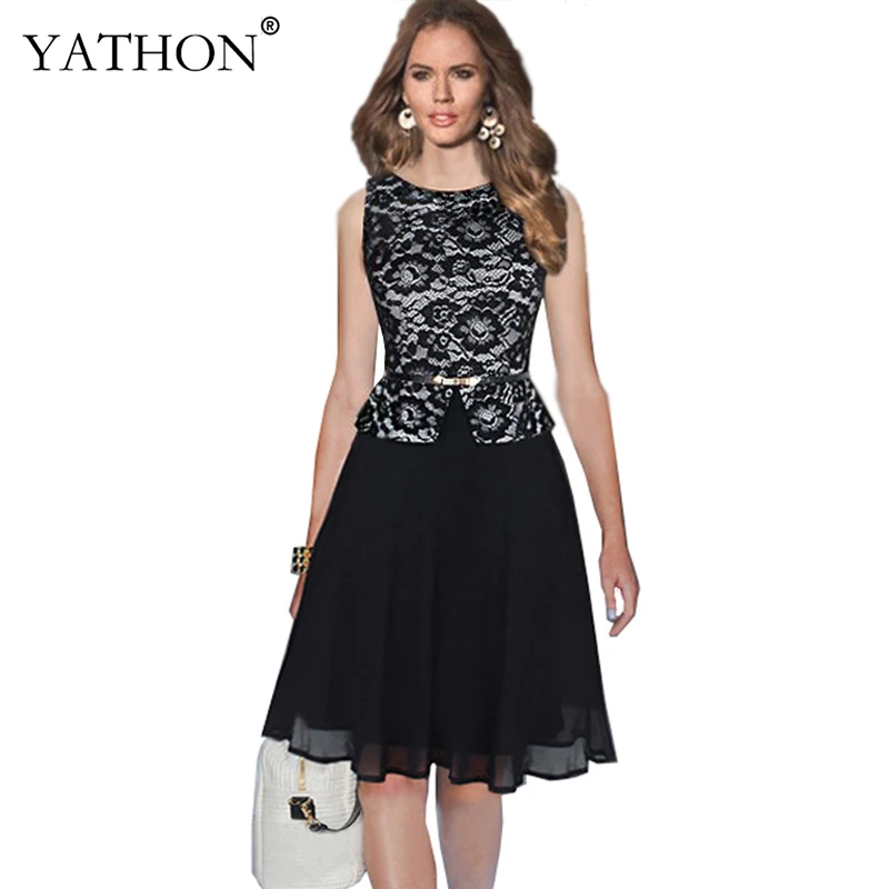 YATHON Womens Black Lace Chiffon Dot Print Patchwork