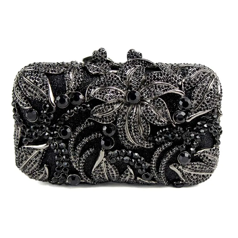 Black Women Bag flower shape studded diamond clutch bags fashion