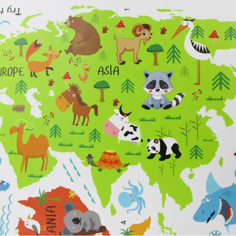 Colorful Cartoon World Map Wall stickers for classroom kids room Art Poster animal world map wall stickers for Home Decoration (4)